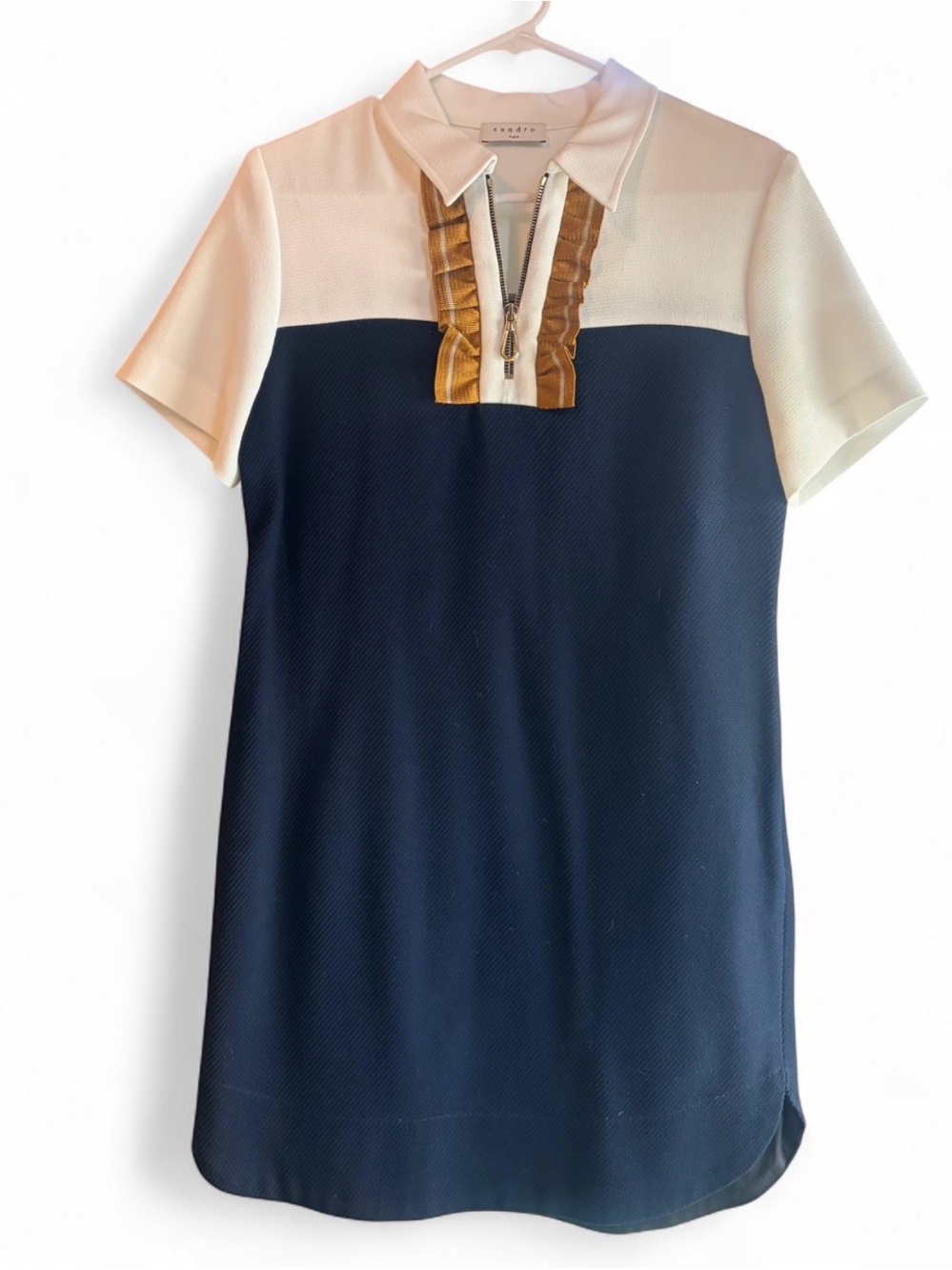 Sandro Two-Tone Navy and Cream Polo Dress with Brown Trim